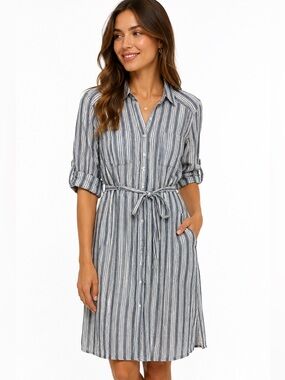 Max Studio Linen Blend Stripe Shirt Dress Blue White Tie Waist Large